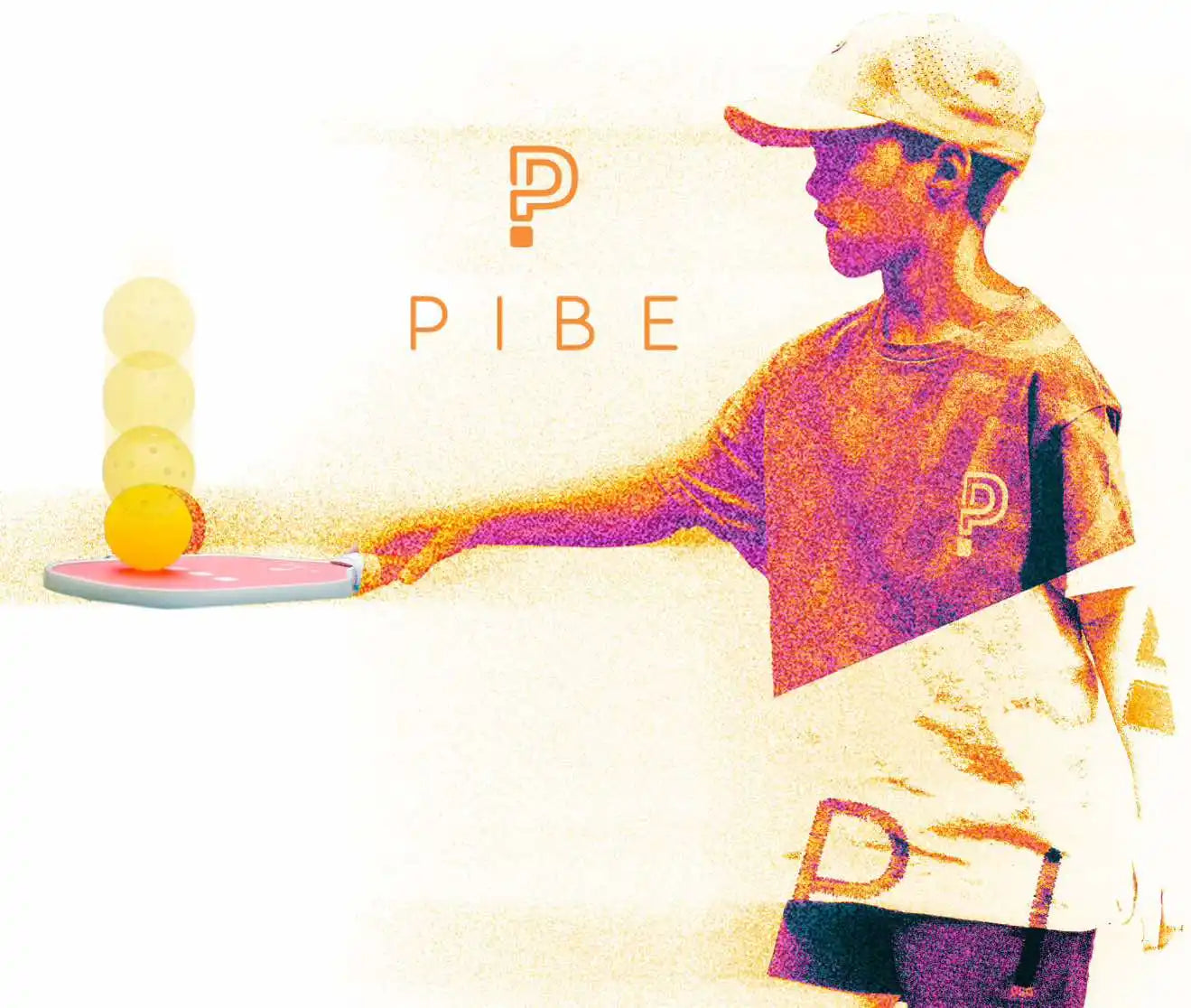 A stylized figure in a PIBE hat bouncing a pikleball onc a PIBE paddle