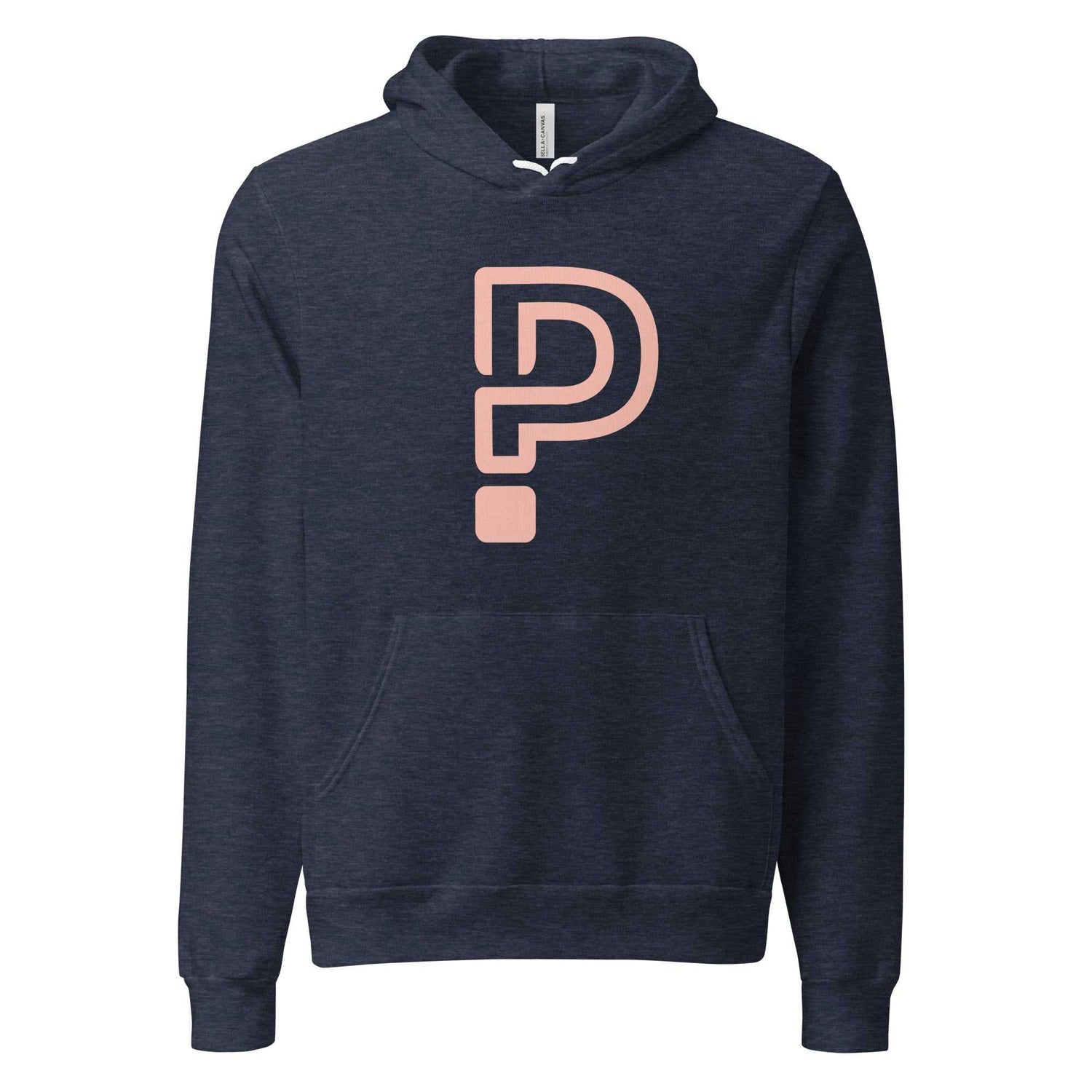 Navy hoodie with a pink 'P' logo on a white background