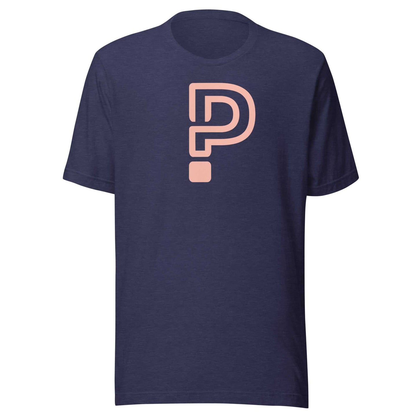 Navy blue t-shirt with a pink logo on a white background