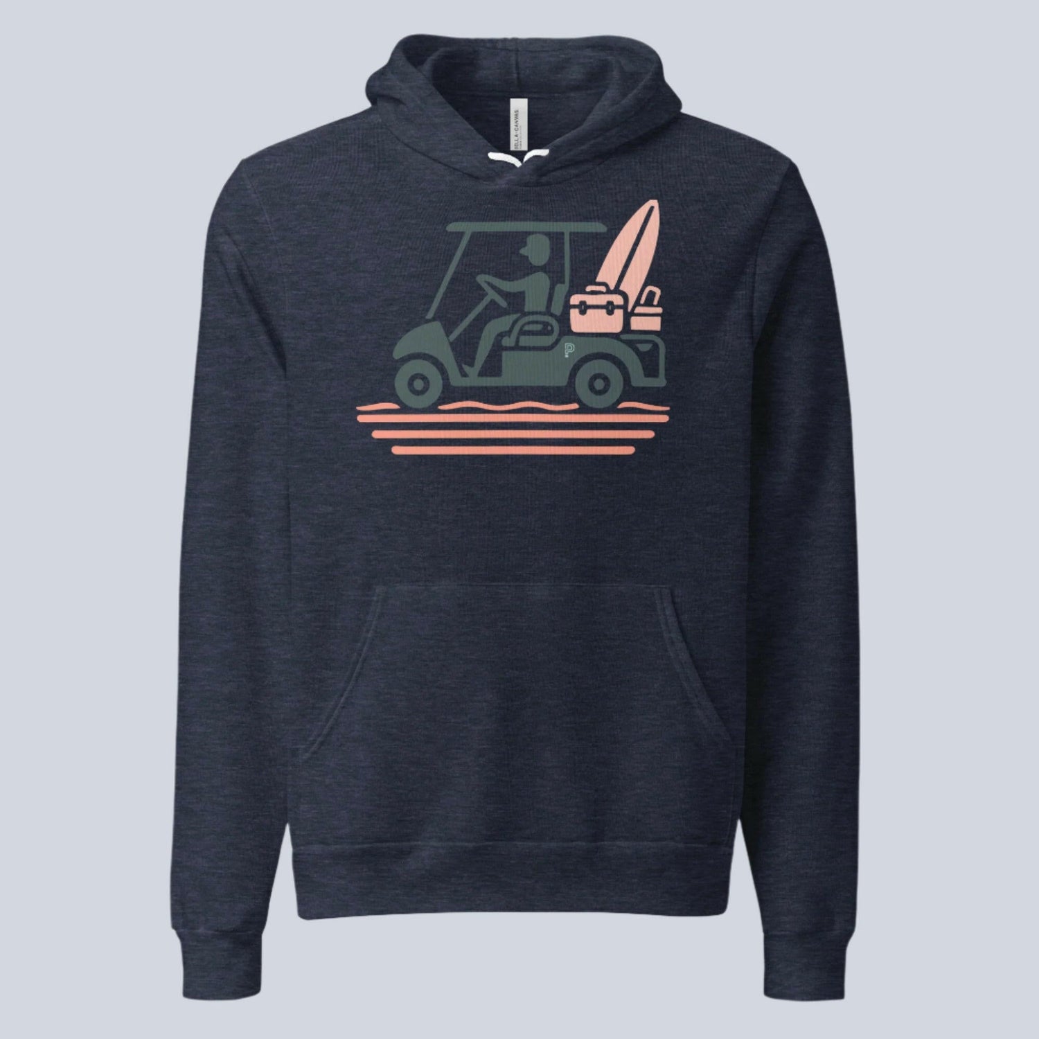 Navy hoodie with a graphic of a golf cart and beach items on a light gray background