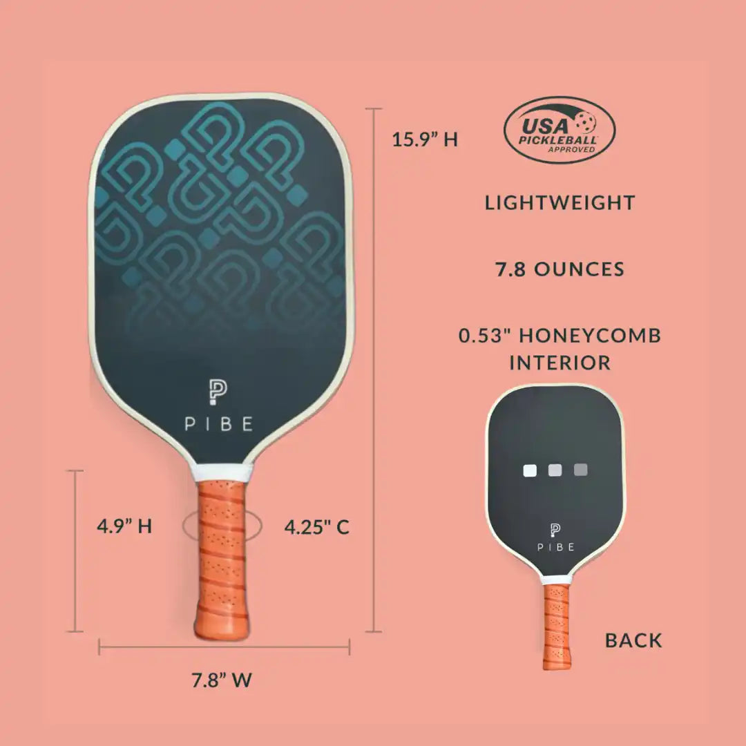 Pickleball paddle with measurements and specifications on a pink background