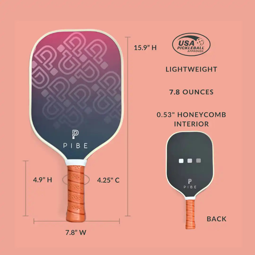 Pickleball paddle with measurements and specifications on a pink background