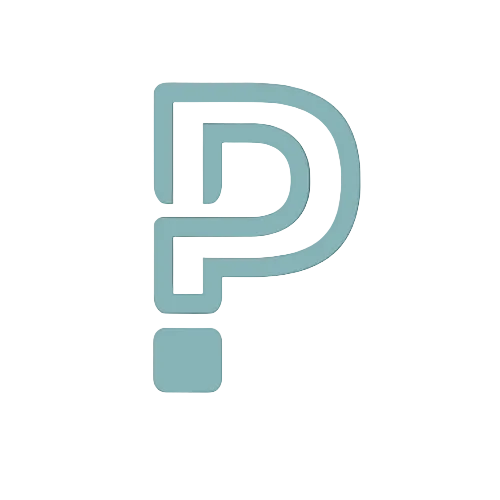 Logo with a stylized letter 'P' on a dark green background