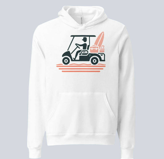 White hoodie with a graphic of a golf cart and beach bag on a light gray background