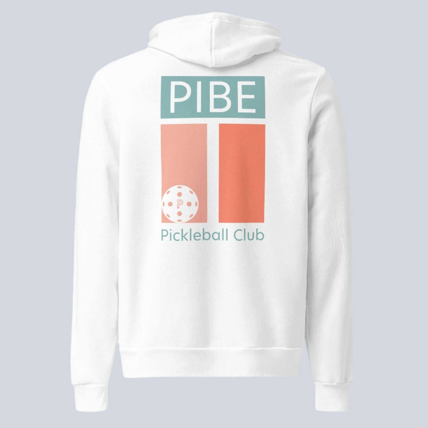 White hoodie with 'PIBE Pickleball Club' design on a gray background
