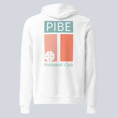 White hoodie with 'PIBE Pickleball Club' design on a gray background