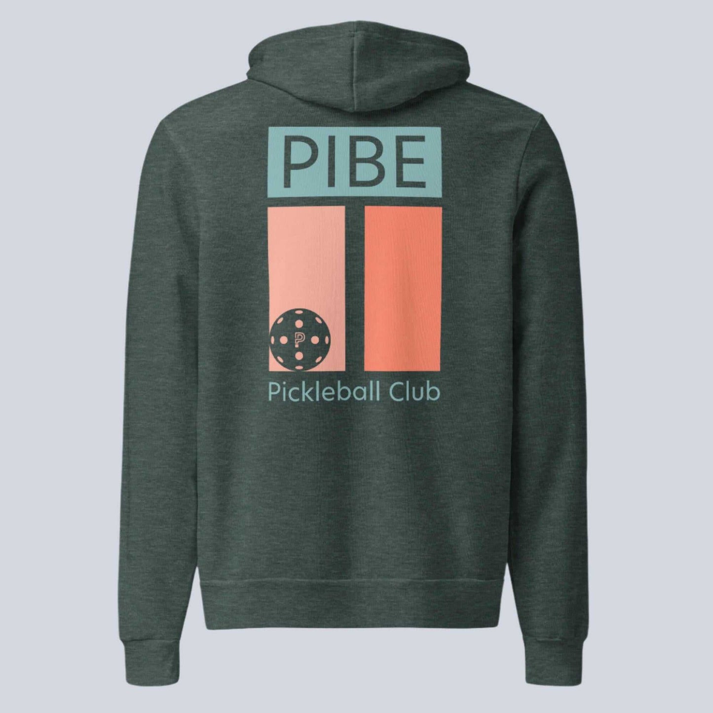 Green hoodie with 'PIBE Pickleball Club' design on the back against a light gray background
