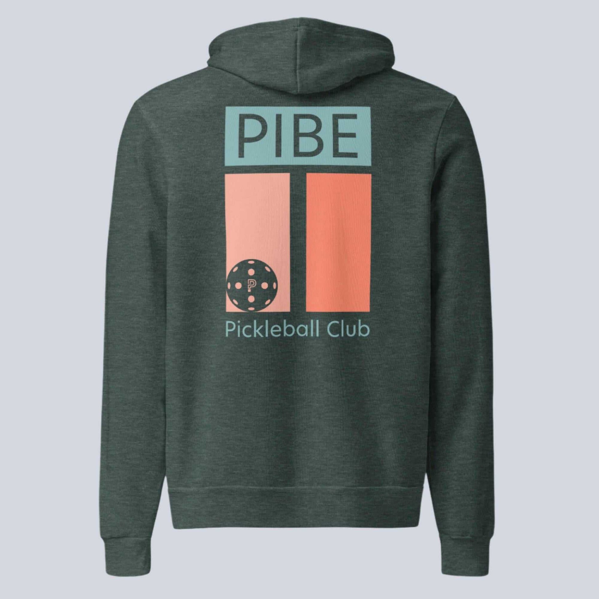 Green hoodie with 'PIBE Pickleball Club' design on the back against a light gray background