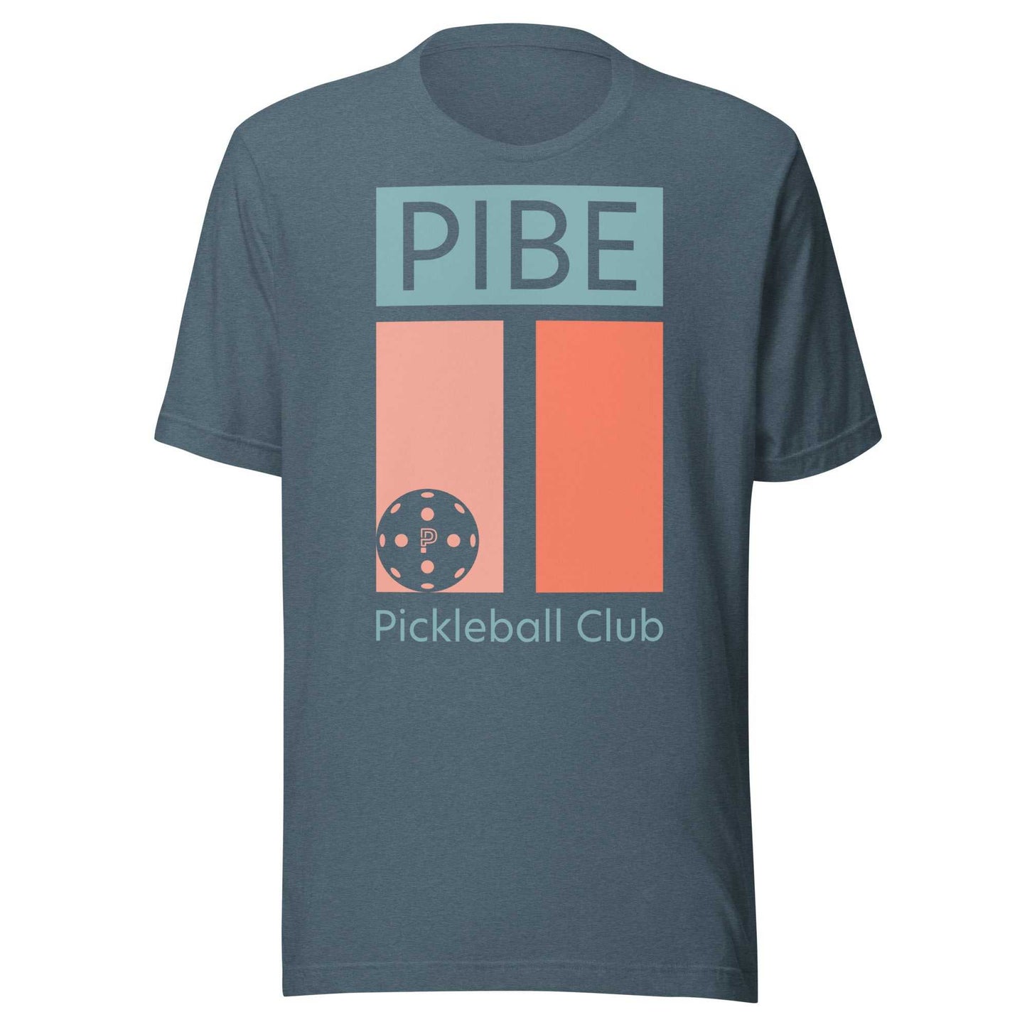 Blue t-shirt with 'PIBE Pickleball Club' design on a white background