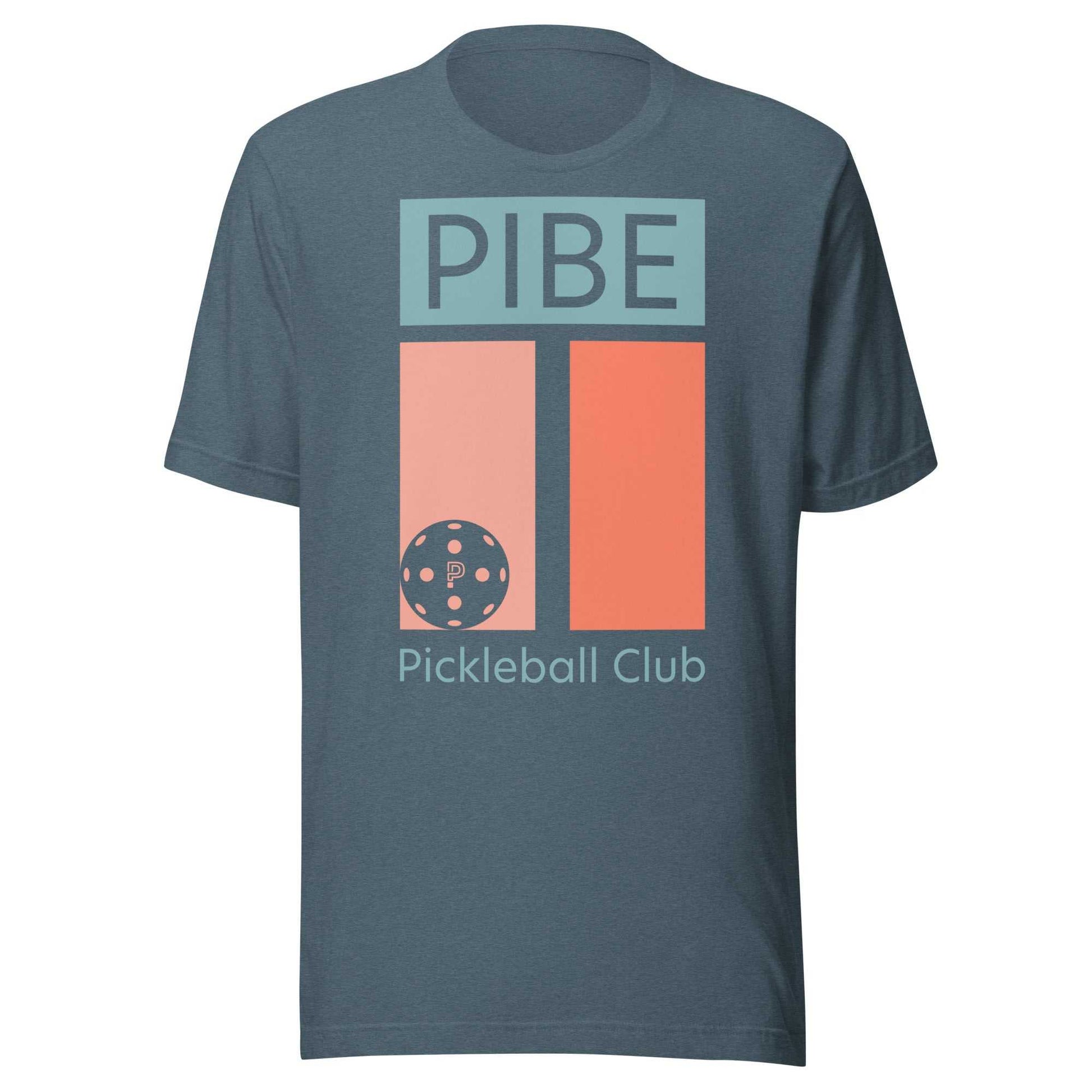 Blue t-shirt with 'PIBE Pickleball Club' design on a white background
